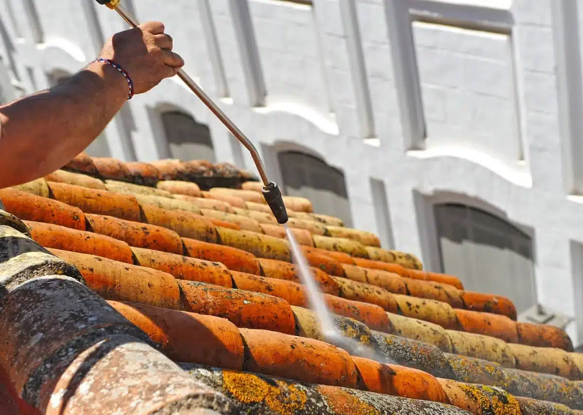 artisan sur une toiture entrain d'applliquer un taritement M. Schartier